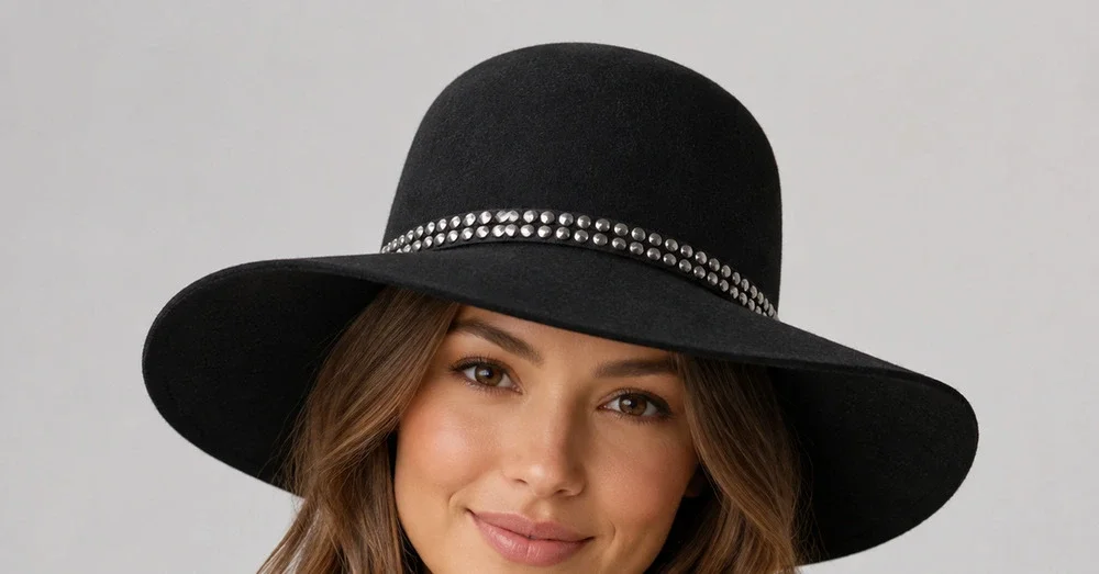 Sierra Accessories Black Wool Blend Wide Brim Floopy Hat Silver Studs OS